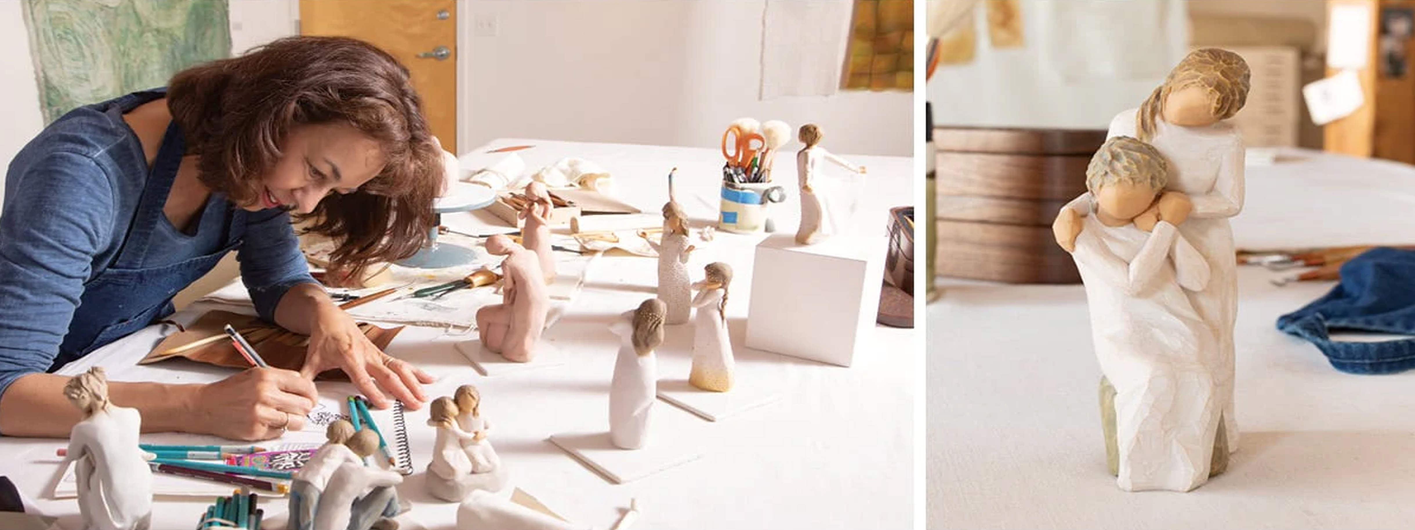 Umělkyně Susan Lordi při tvorbě ručně modelovaných a malovaných figurek Willow Tree, které symbolizují hluboké emoce, vztahy a životní okamžiky.